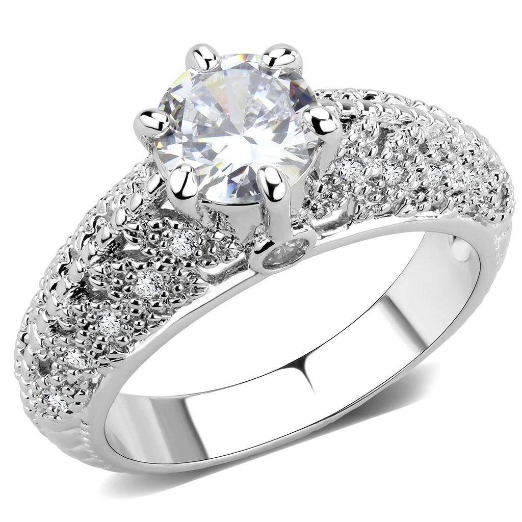 JCE1576 Rhodium Brass Ring with AAA Grade CZ  in Clear