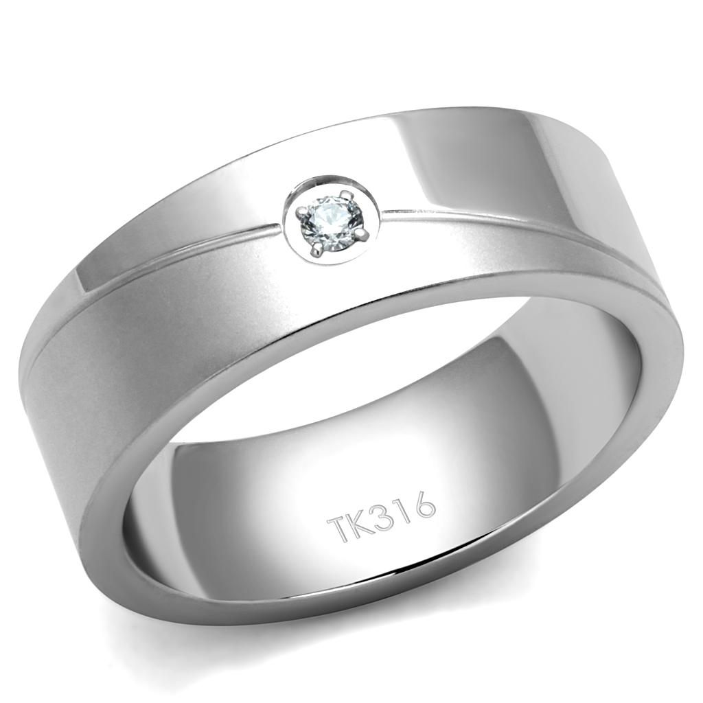 JCE2937 High polished (no plating) Stainless Steel Ring with AAA Grade CZ  in Clear