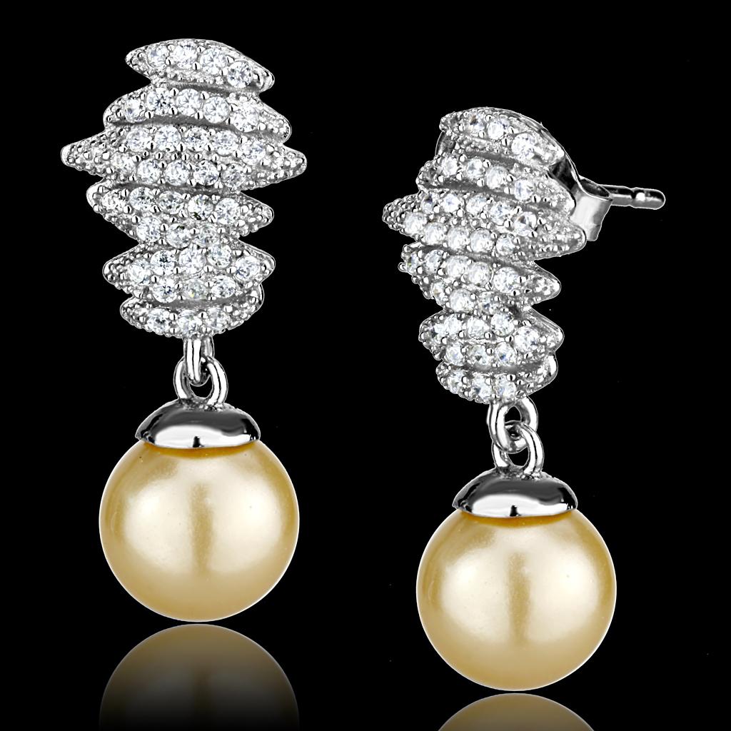 JCE531 Rhodium 925 Sterling Silver Earrings with Synthetic Pearl in Topaz